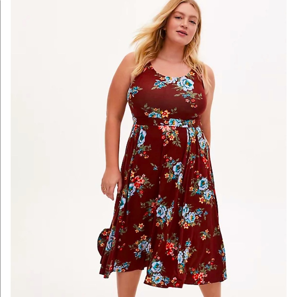 Torrid Brick Red Floral Crossback Midi Dress